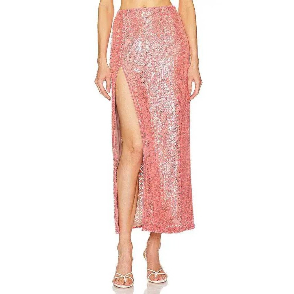 Michael Costello x REVOLVE Catiana Sequin Maxi Skirt Coral Pink High Slit XS New - Picture 3 of 12